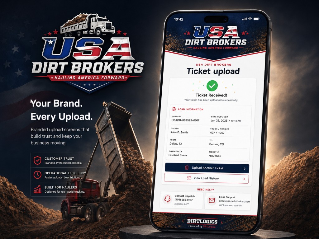 Customer-branded DirtLogics ticket upload screen with USA Dirt Brokers branding