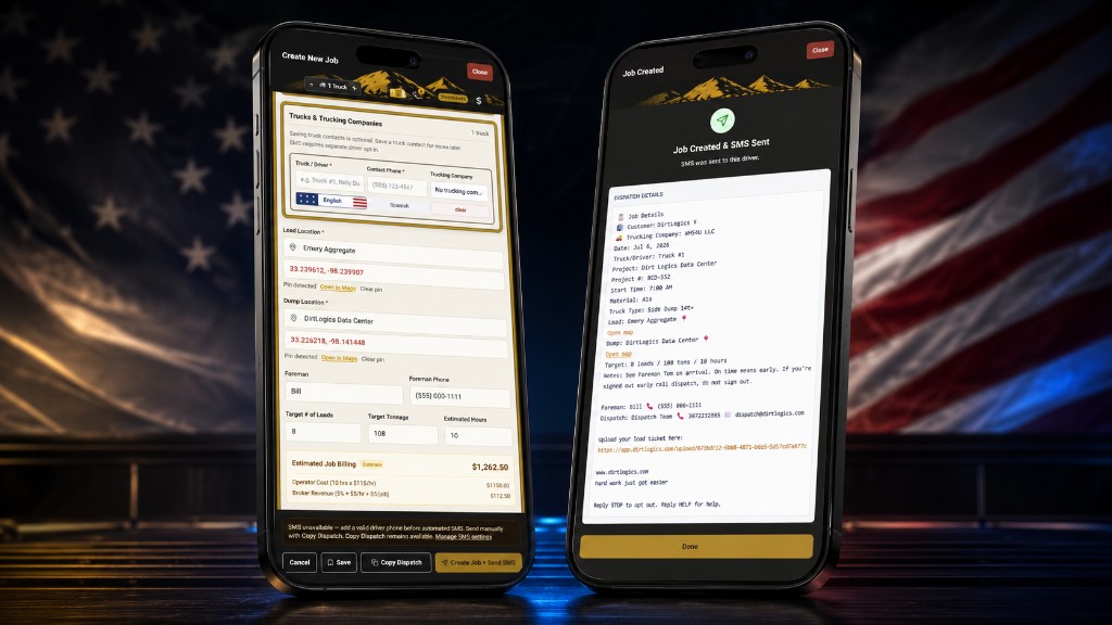 DirtLogics premium phone mockup showing Create New Job and Job Created with SMS sent confirmation