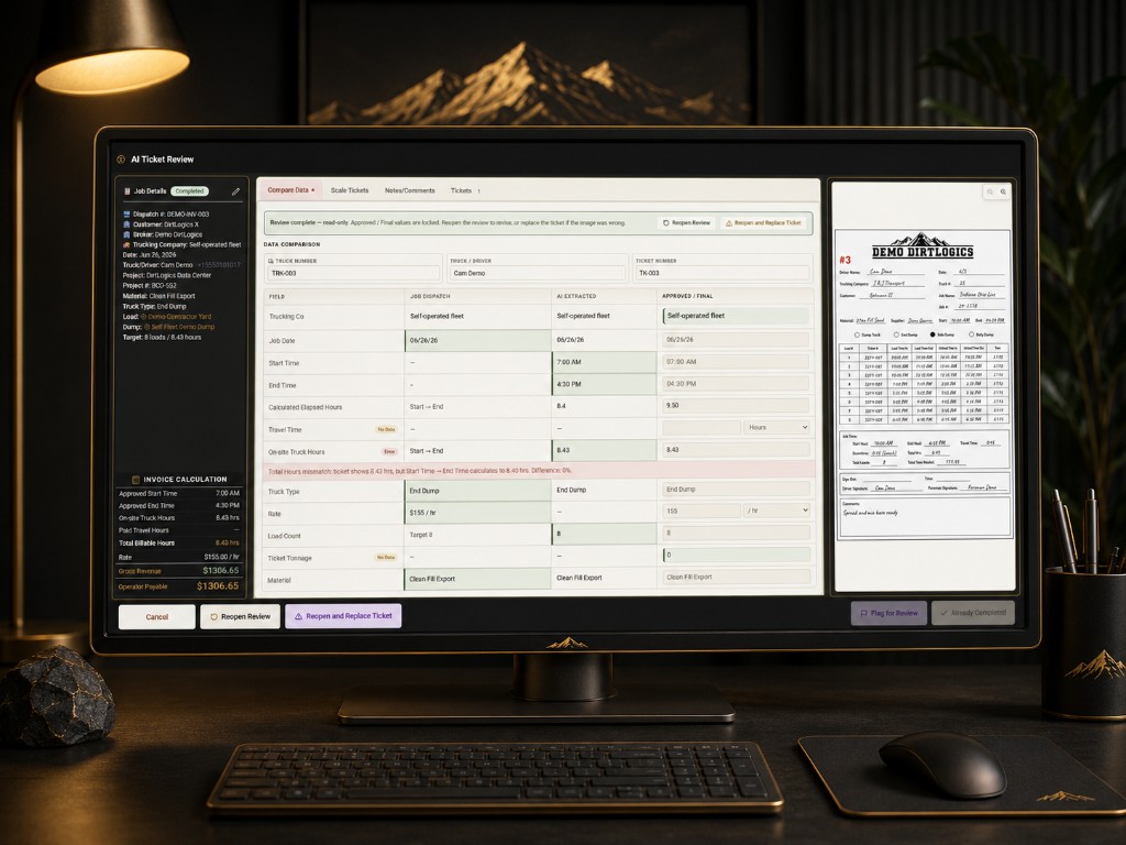 DirtLogics premium monitor mockup showing AI Ticket Review Compare Data workflow with job dispatch and approved ticket fields