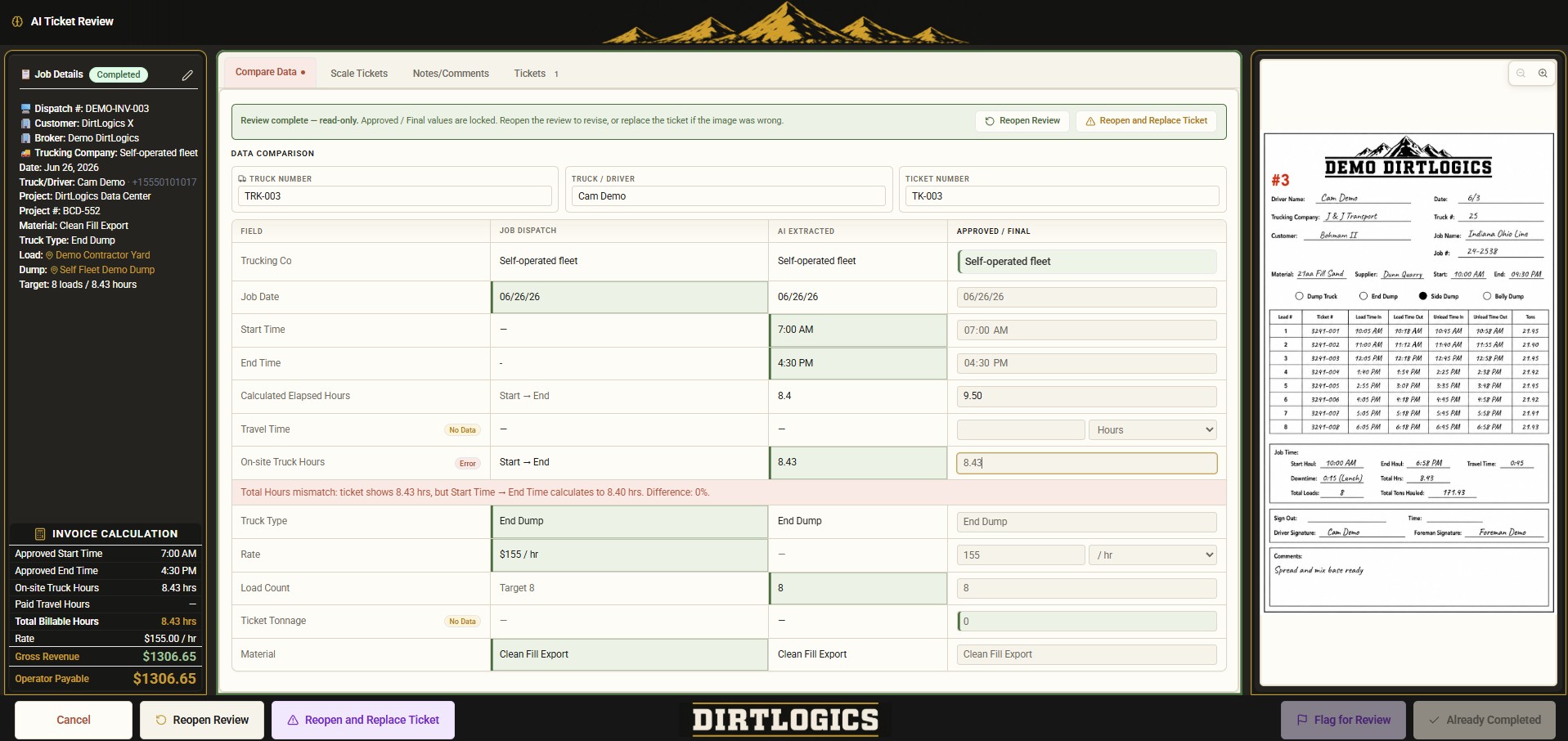 DirtLogics AI ticket review for trucking brokers