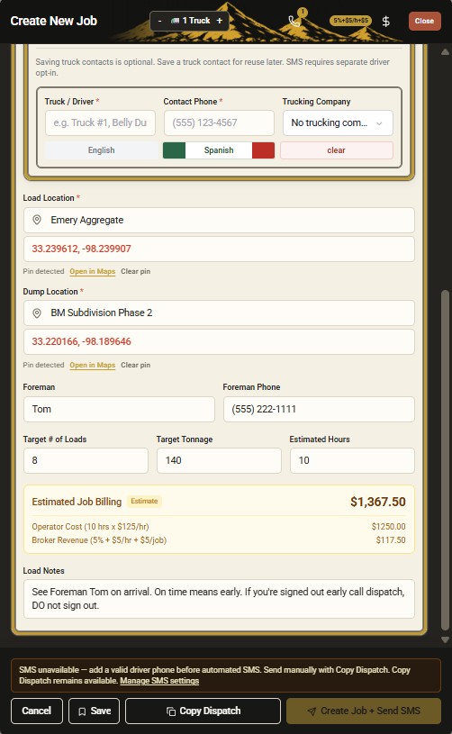 DirtLogics driver ticket upload link SMS preview