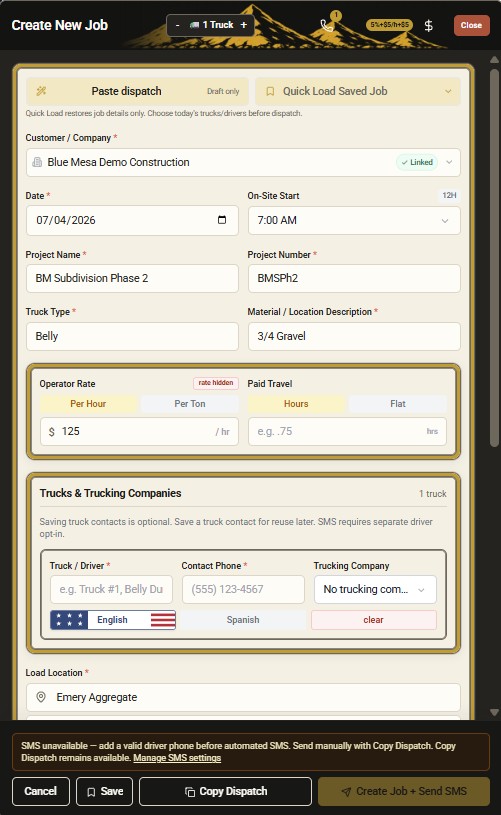 DirtLogics create job from dispatch text