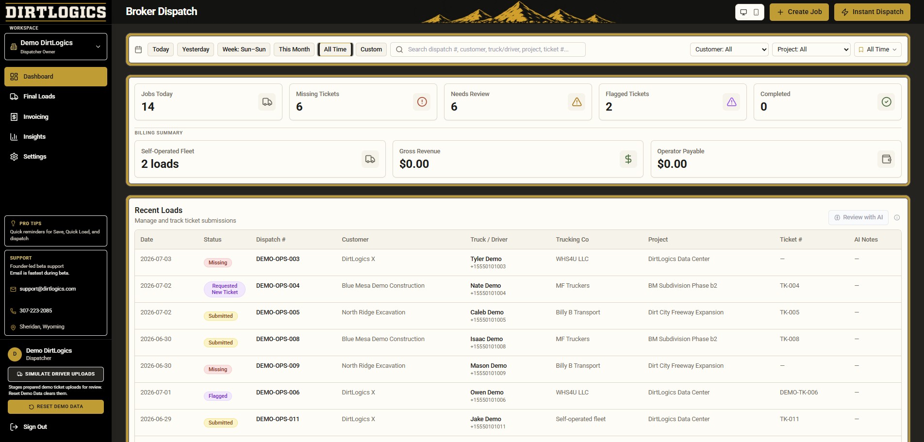 DirtLogics broker dispatch dashboard showing jobs, ticket status, and billing summary