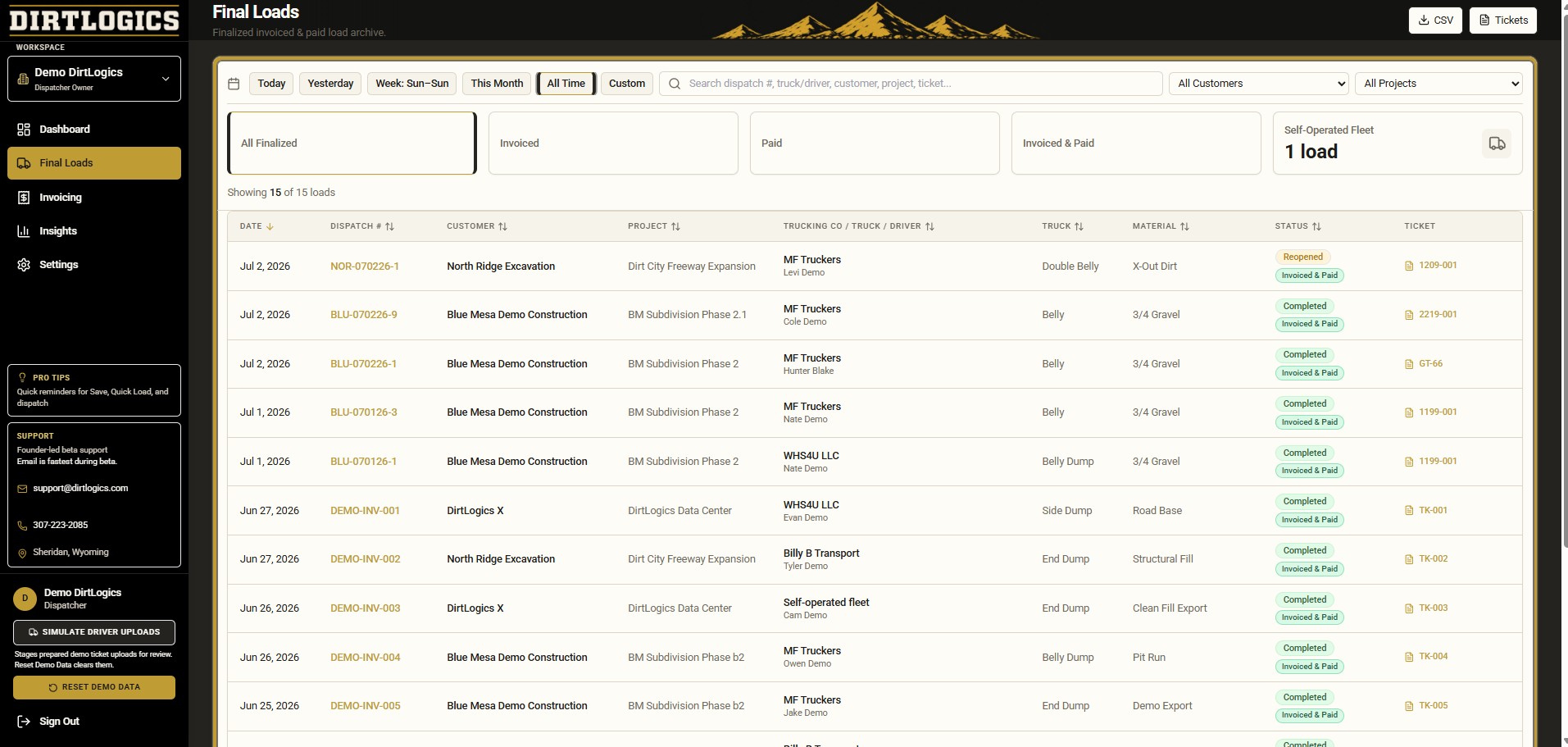 DirtLogics final loads archive of finalized, invoiced, and paid loads