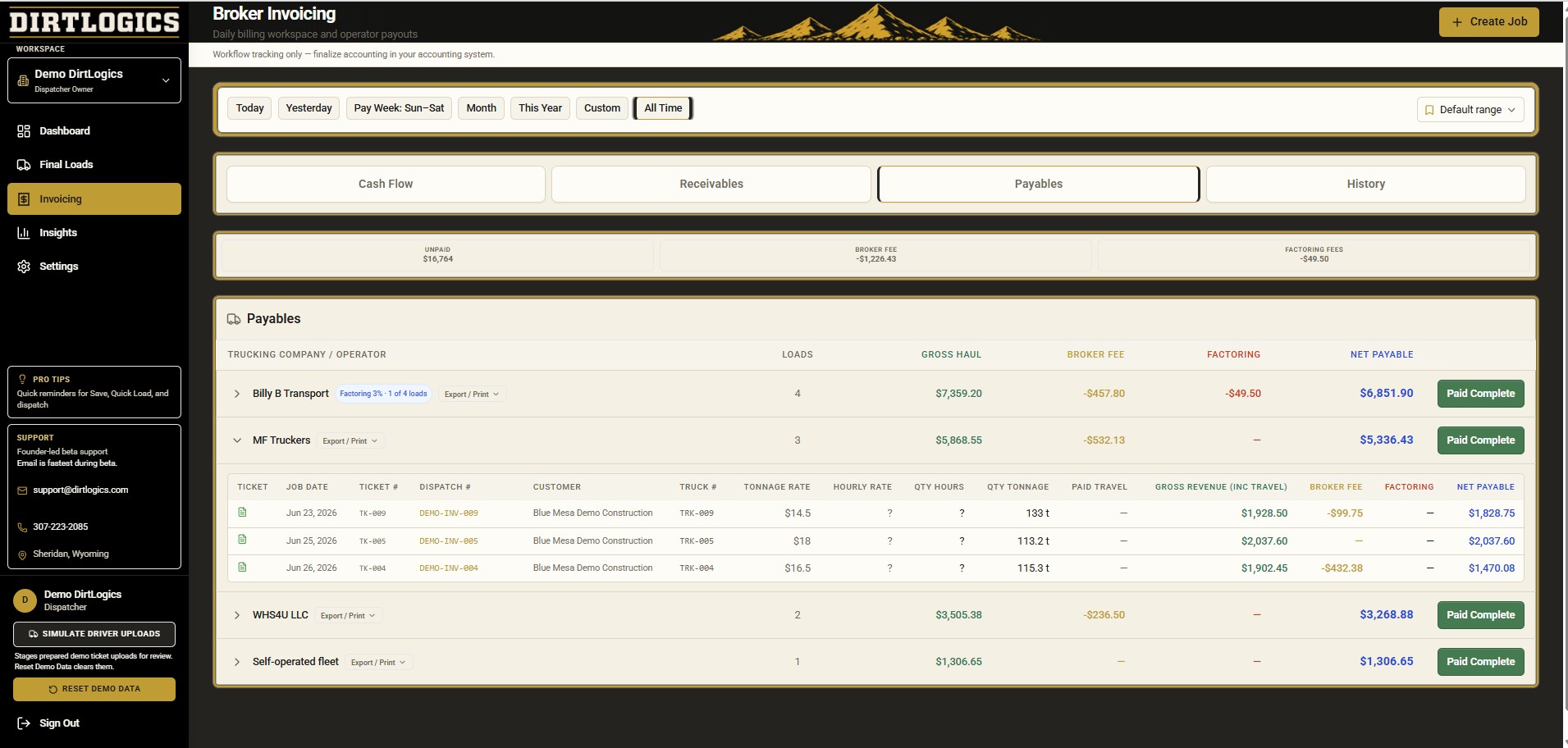 DirtLogics operator payables with gross haul, broker fee, factoring, and net payable