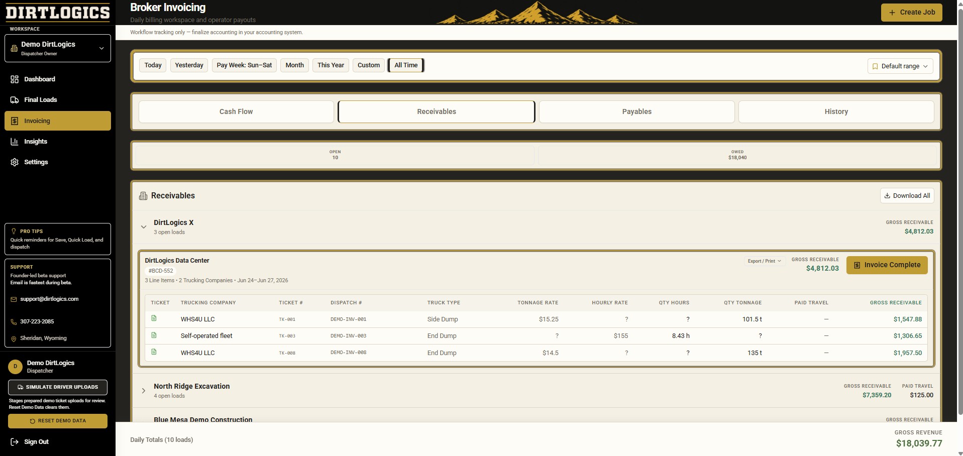 DirtLogics broker invoicing receivables grouped by customer
