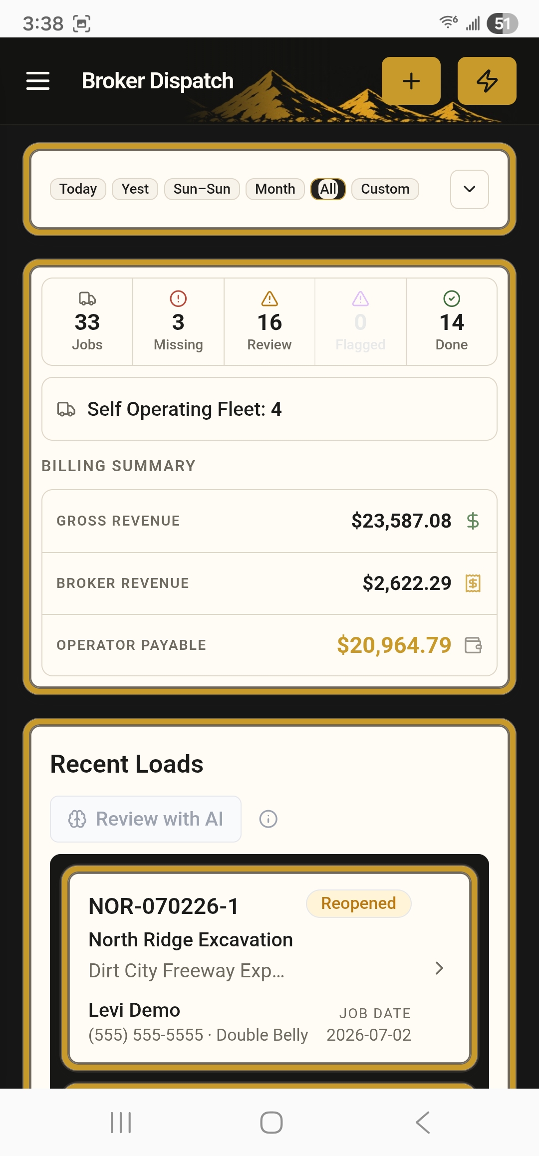 DirtLogics mobile broker dispatch dashboard