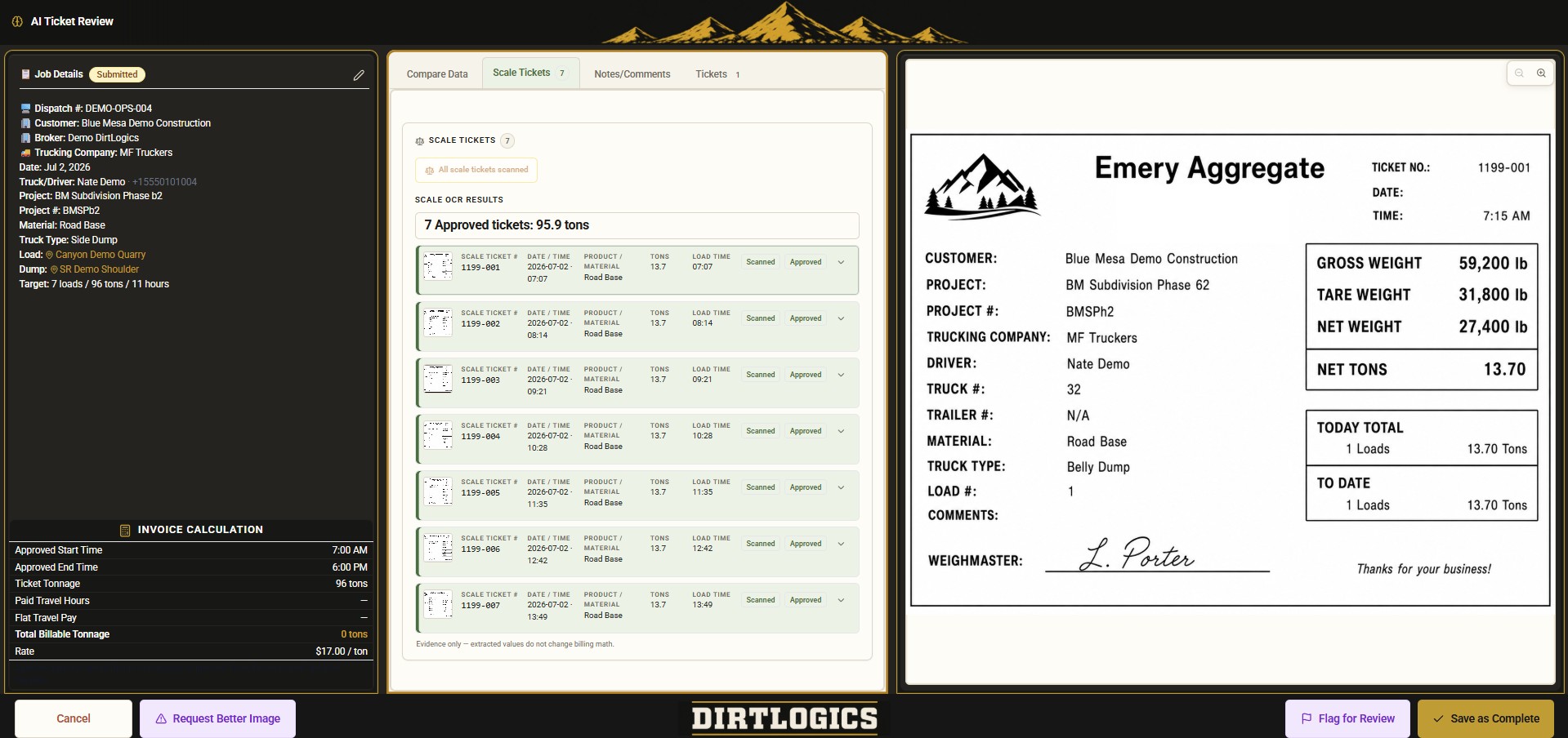 DirtLogics scale ticket software review screen for construction trucking