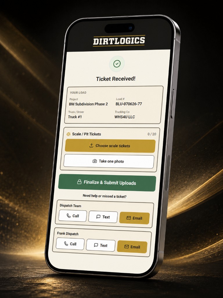 DirtLogics driver ticket upload on mobile showing Ticket Received confirmation and scale ticket upload actions