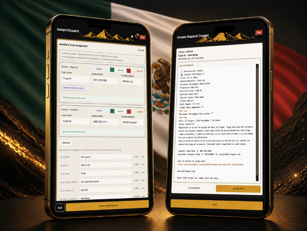 DirtLogics premium phone mockup showing Instant Dispatch Spanish language toggle and translated dispatch preview with Send SMS
