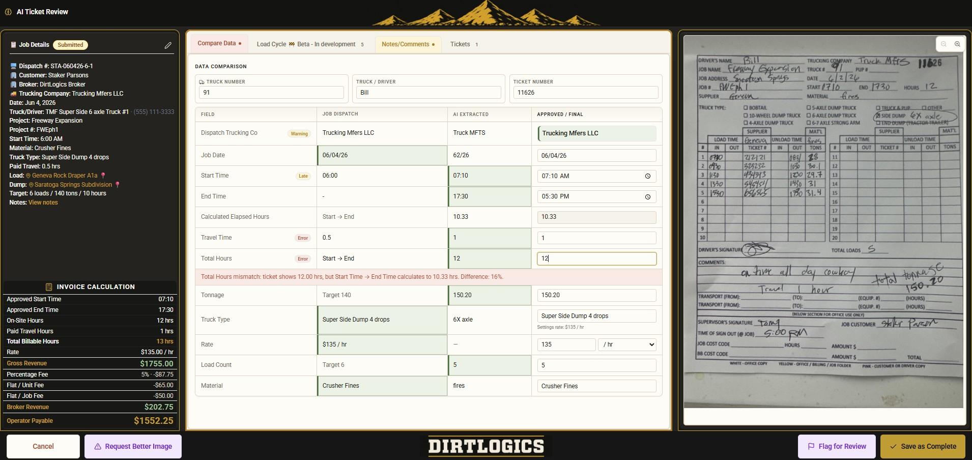 DirtLogics AI ticket review screen