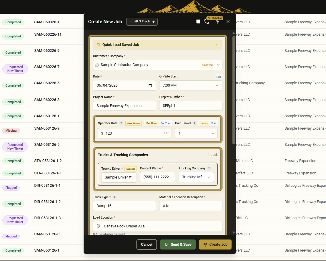 DirtLogics create job modal
