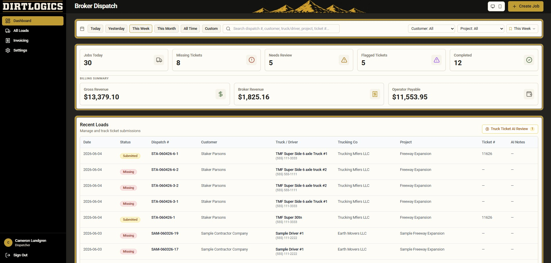 DirtLogics broker dispatch dashboard