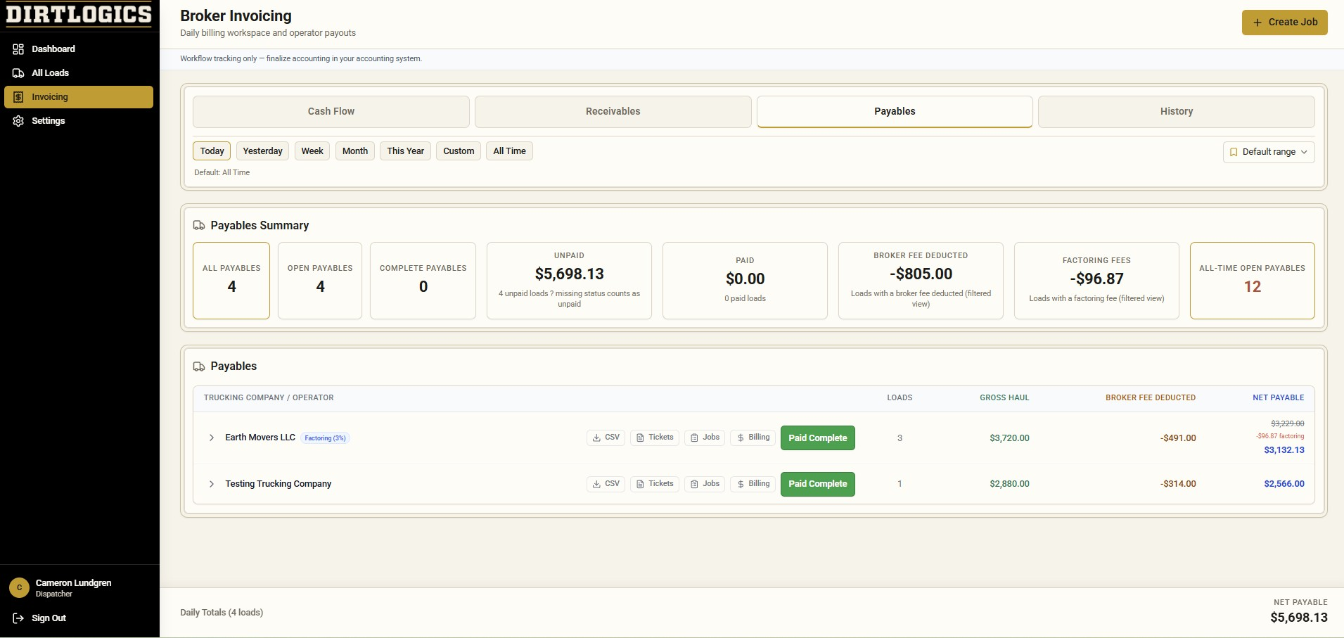 DirtLogics invoicing and payables screen