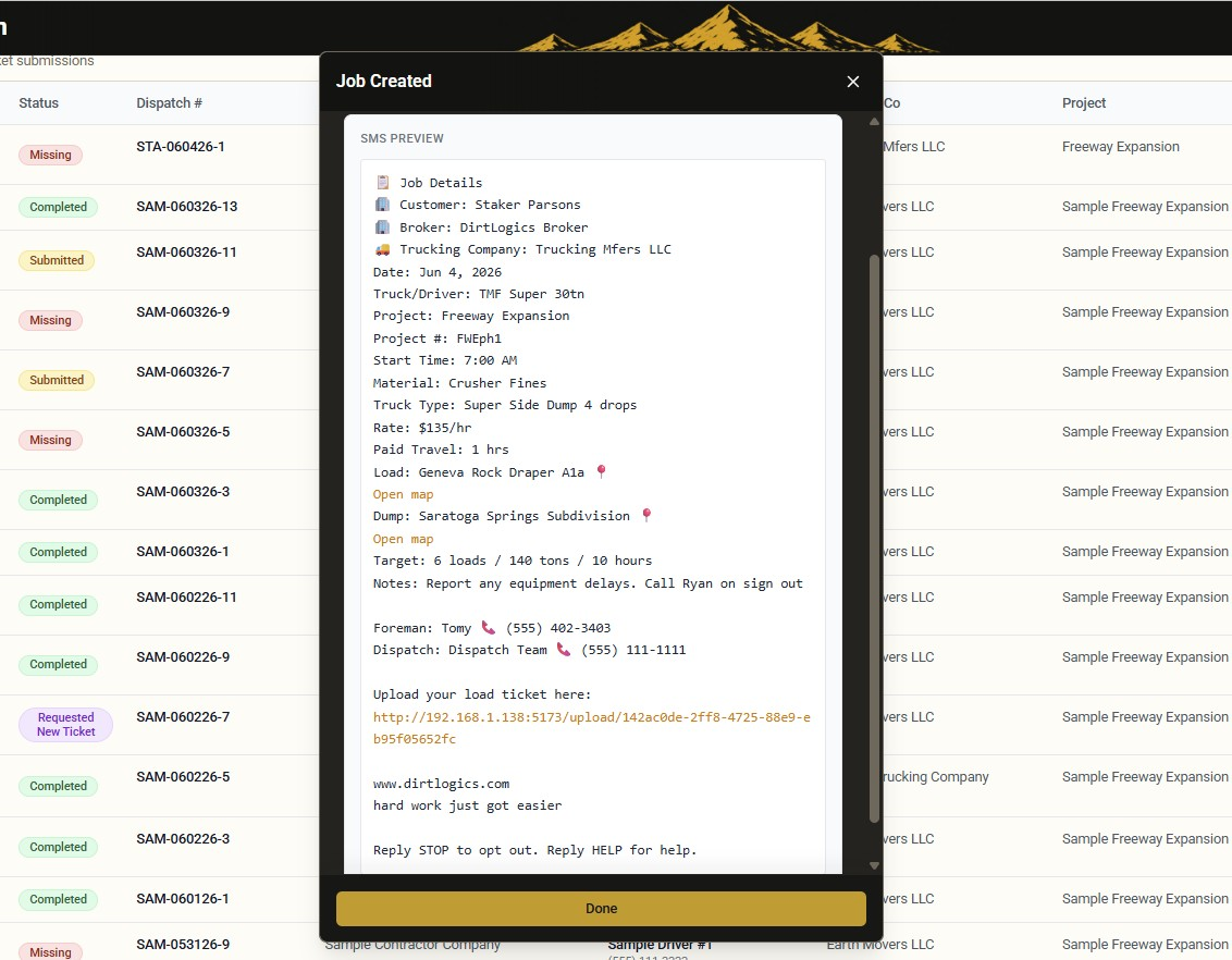 DirtLogics SMS dispatch preview